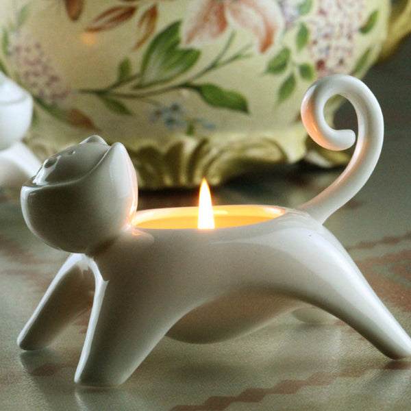 White Ceramic Cat Candle Holder